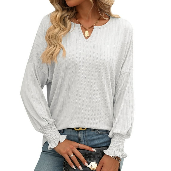 SHIBEVER Womens shirts Long Sleeve Tops V Neck Dressy Blouses Loose Shirts solid color Casual Bat Sleeve fall clothes for women white
