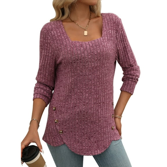 SHIBEVER Womens sweater tops Ribbed slim fit long sleeve knit Pullover Top Square Neck solid color fall Shirt for women purple