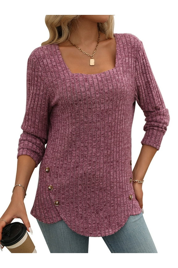 Womens sweater tops Ribbed slim fit long sleeve knit Pullover Top Square Neck solid color fall Shirt for women purple