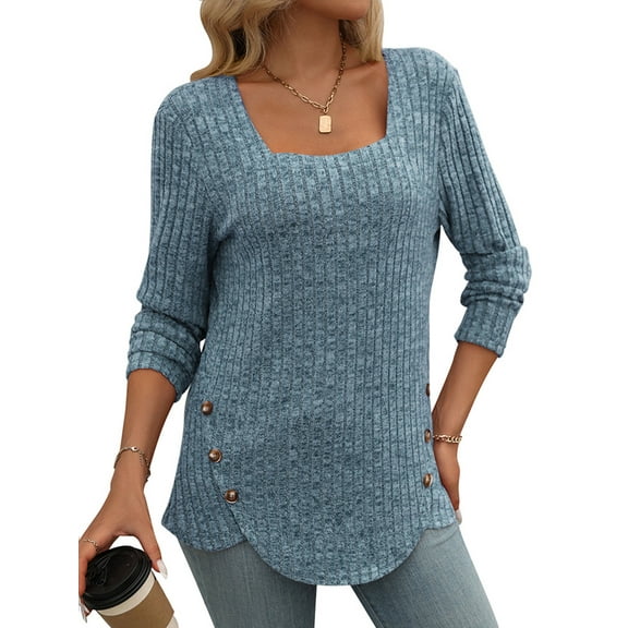 SHIBEVER Womens sweatershirts long sleeve Ribbed slim fit knit Pullover Top Square Neck solid color fall Shirt for women blue
