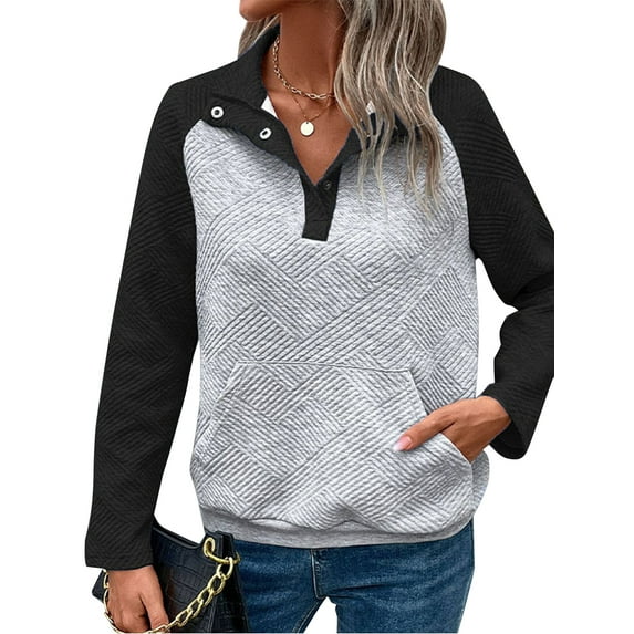 SHIBEVER Womens sweatshirt long sleeve V-Neck Button Down Hoodies Collared Vintage Pullover Color Blocking Sportswear with Pockets Casual Top Black