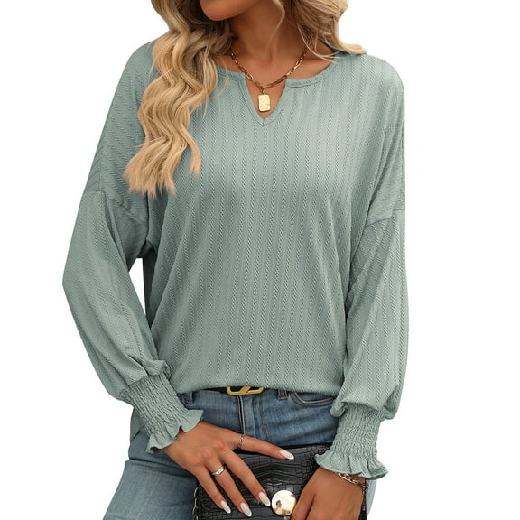 SHIBEVER Womens tops Long Sleeve V Neck Dressy Blouses Loose Shirts solid color Casual Bat Sleeve fall clothes for women green
