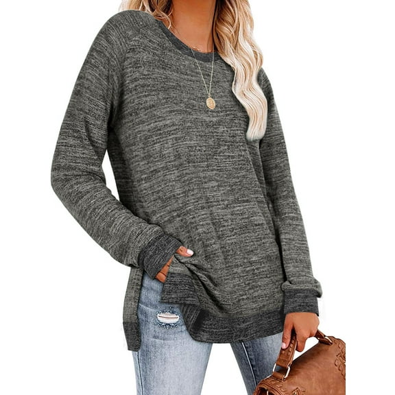 SHIBEVER Womens tunic Tops Long Sleeve T Shirts Fall Fashion Loose Trendy Side Split Pullover Color Block Crewneck Sweatshirts Blouse Dark Grey
