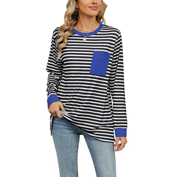 SHIBEVER women sweatshirt Striped Oversized top Long Sleeve Crewneck Hoodies Shirts 2024 Fall Pullover Top Trendy Preppy Clothes Black white L