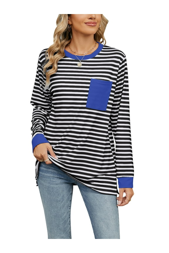 women sweatshirt Striped Oversized top Long Sleeve Crewneck Hoodies Shirts 2024 Fall Pullover Top Trendy Preppy Clothes Black white XL