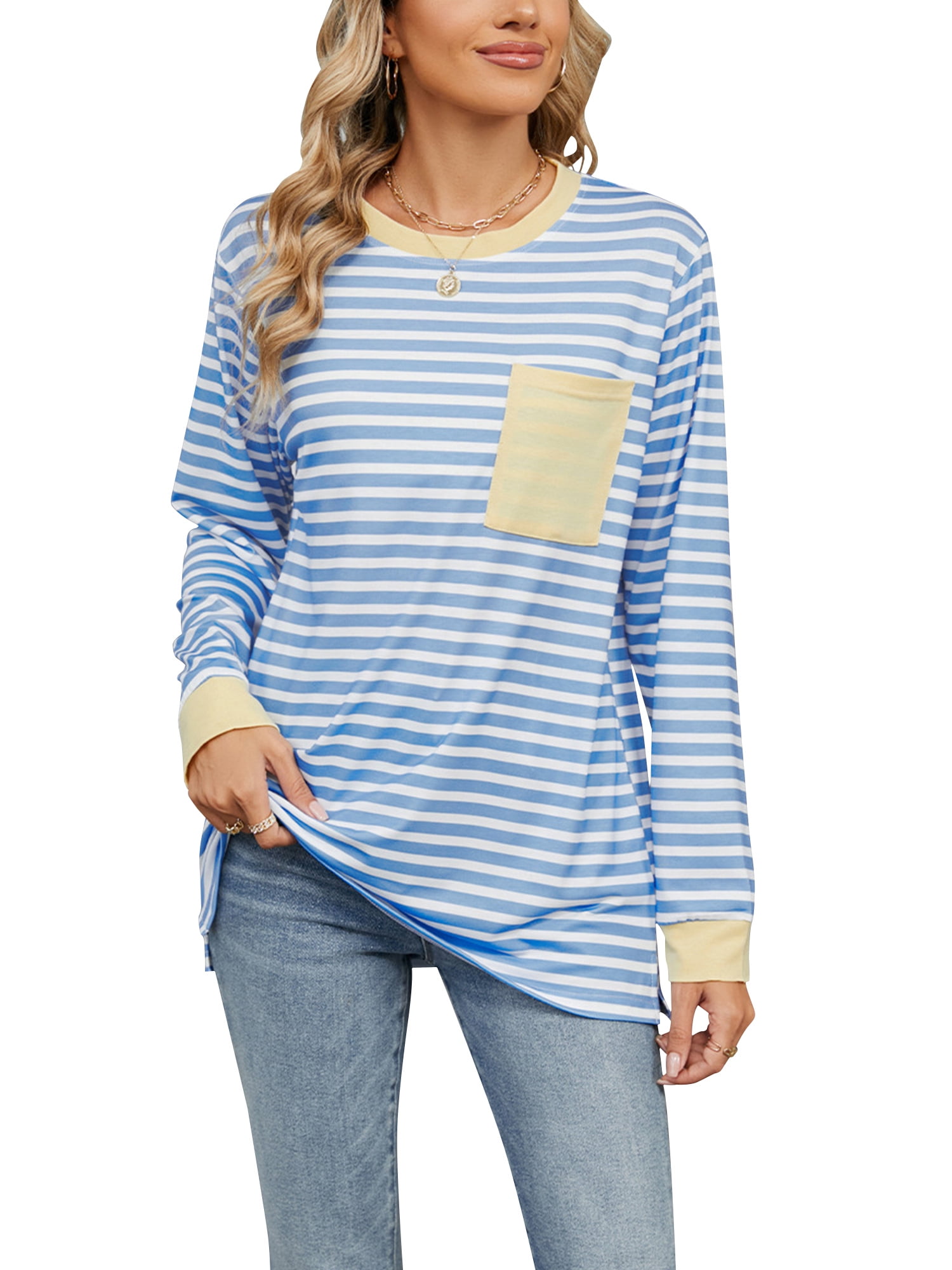 women sweatshirt Striped Oversized top Long Sleeve Crewneck Hoodies Shirts 2024 Fall Pullover Top Trendy Preppy Clothes Blue white XL