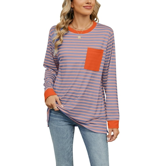 SHIBEVER women sweatshirt Striped Oversized top Long Sleeve Crewneck Hoodies Shirts 2024 Fall Pullover Top Trendy Preppy Clothes pink purple L