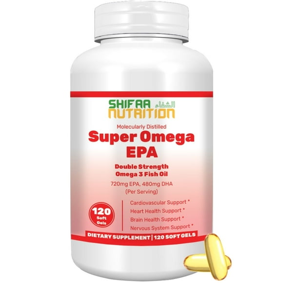SHIFAA NUTRITION Double Strength Wild Caught Omega-3 Fish Oil w/ 480mg DHA, 720mg EPA