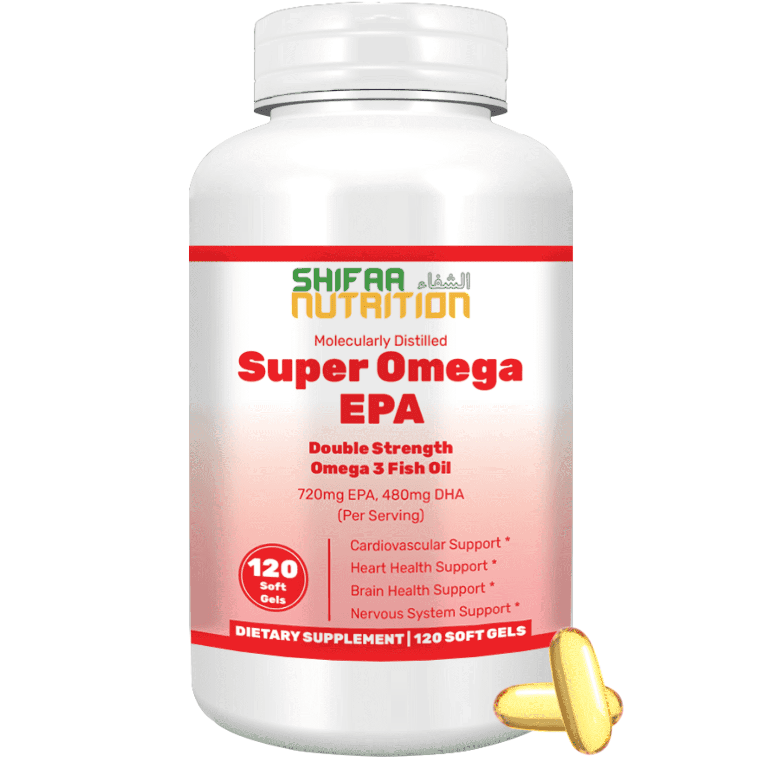 Shifaa Nutrition Double Strength Wild-Caught Omega-3 Fish Oil with 480mg DHA, 720mg EPA – Supports Heart, Brain & Joint Health