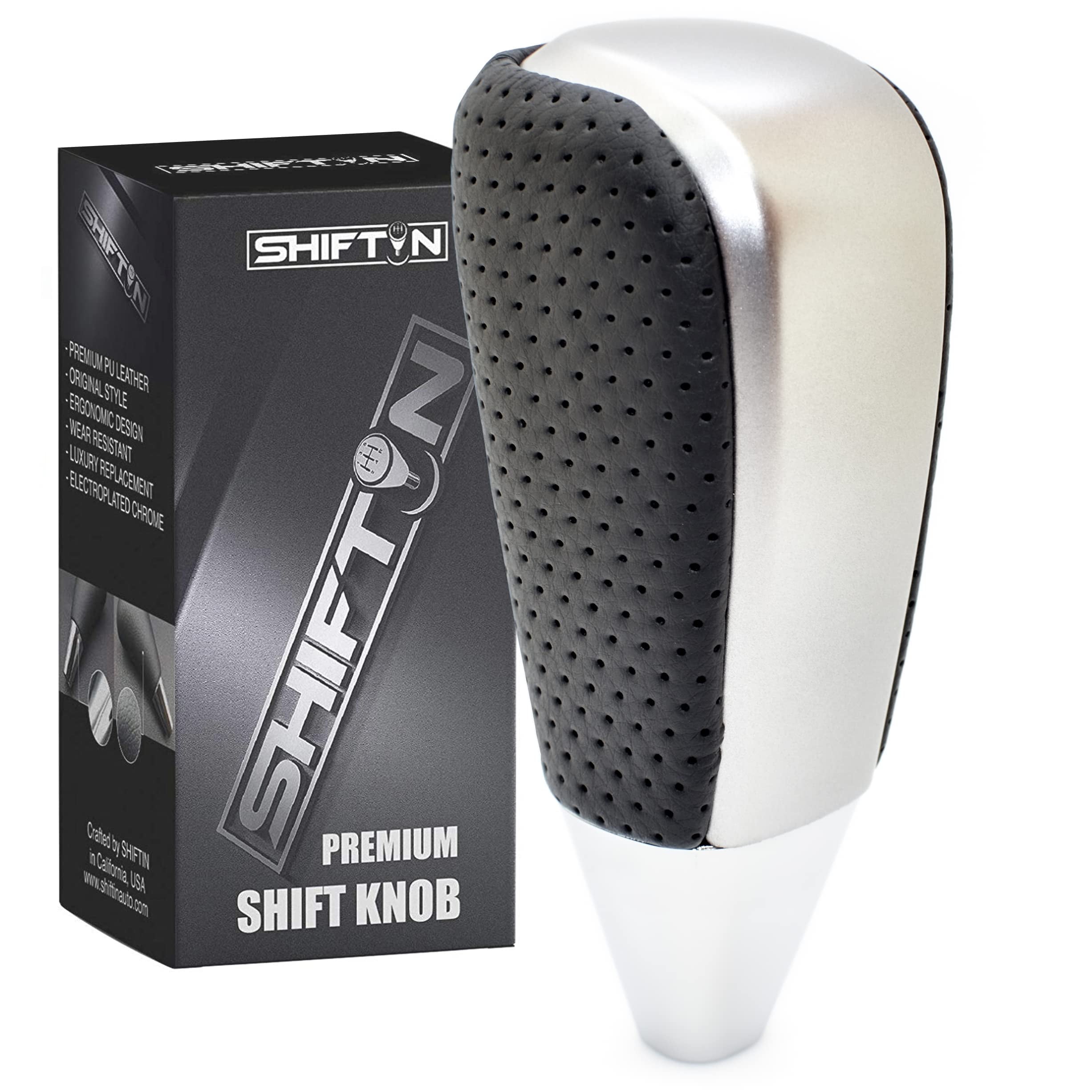 SHIFTIN Black Leather and Silver Gear Shift Knob for Toyota Land Cruiser 4Runner Sequoia Tundra and Lexus (Punched Black Leather / Gray Silver)