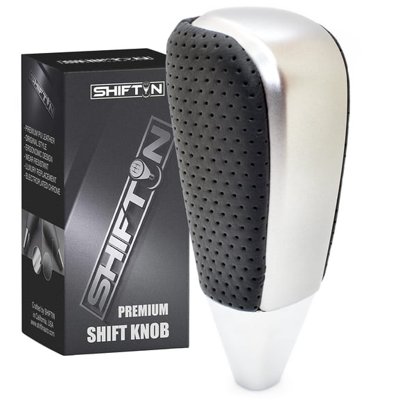 SHIFTIN Black Leather and Silver Gear Shift Knob for Toyota Land Cruiser 4Runner Sequoia Tundra and Lexus (Punched Black Leather / Gray Silver)