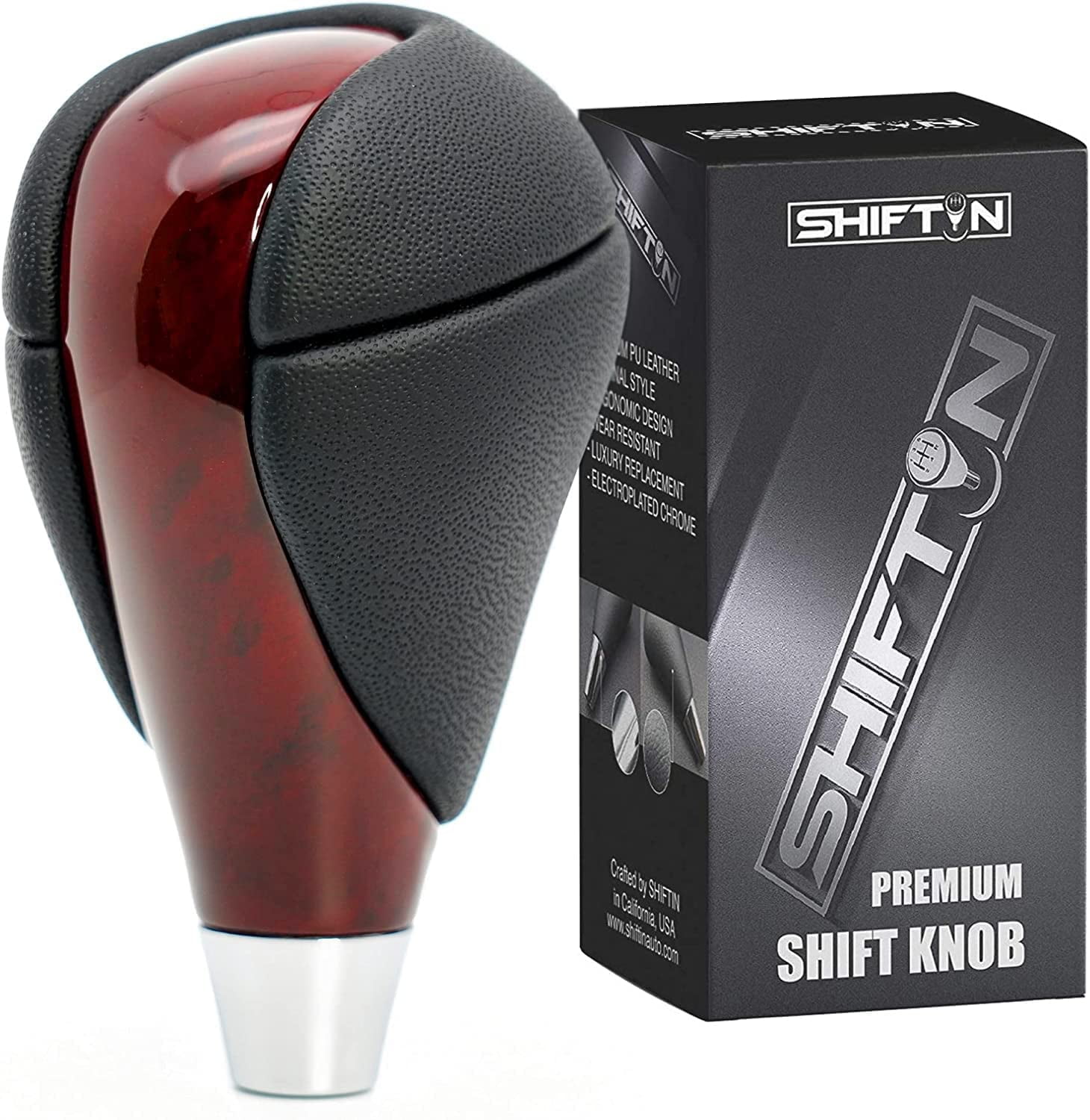 SHIFTIN Gear Shift Knob, Cherry Red, Walnut Wood, Leather for Lexus ES300h ES350 GS300 GS350 GS430 GS450h GS460 IS250 IS300 IS350 LS460 LS600h RX350 RX450h (Black Leather / Cherry Red Walnut)