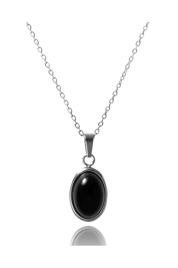 16" 925 SILVER Handmade Vintage Black Onyx Pendant Necklace, Oval black glaze energy healing crystal pendant necklace jewelry, Inspirational Gifts for Women, Mom, Sister