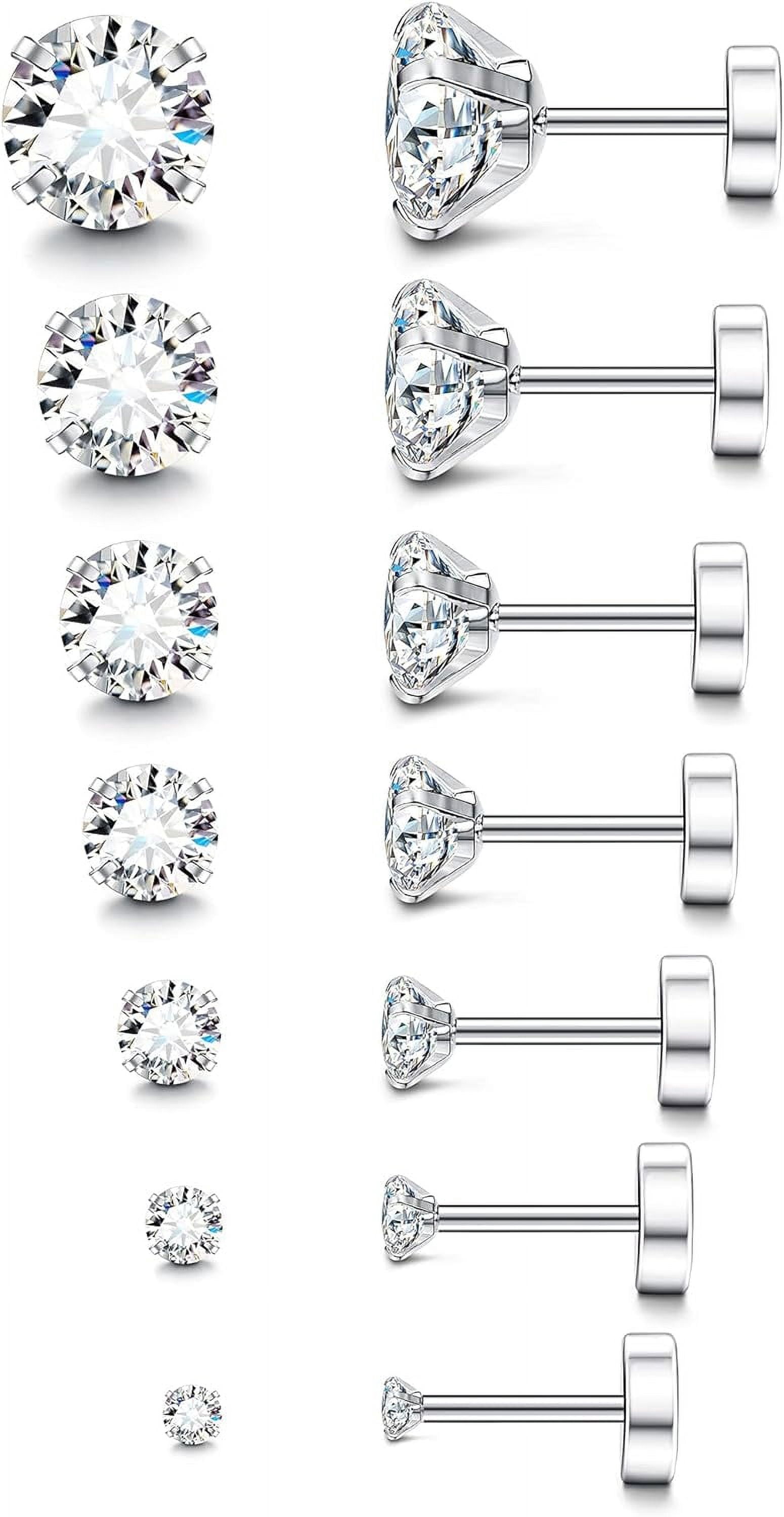 SHIHUALQ Stainless Steel Hypoallergenic Flat Back Earrings, Clear CZ, Fashion Jewelry, 7