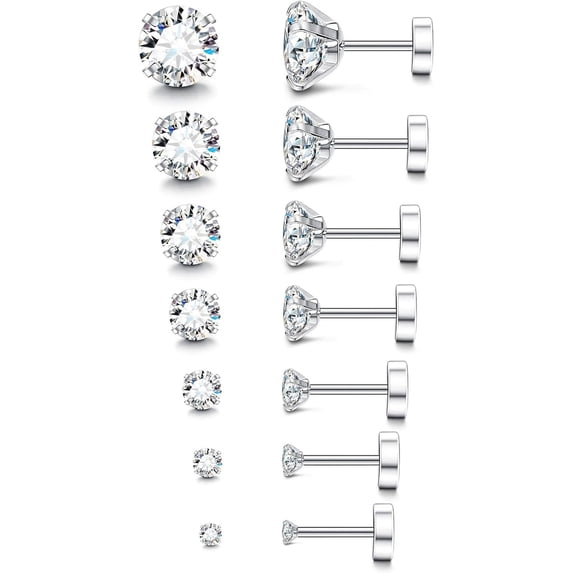 SHIHUALQ Stainless Steel Hypoallergenic Flat Back Earrings, Clear CZ, Fashion Jewelry, 7