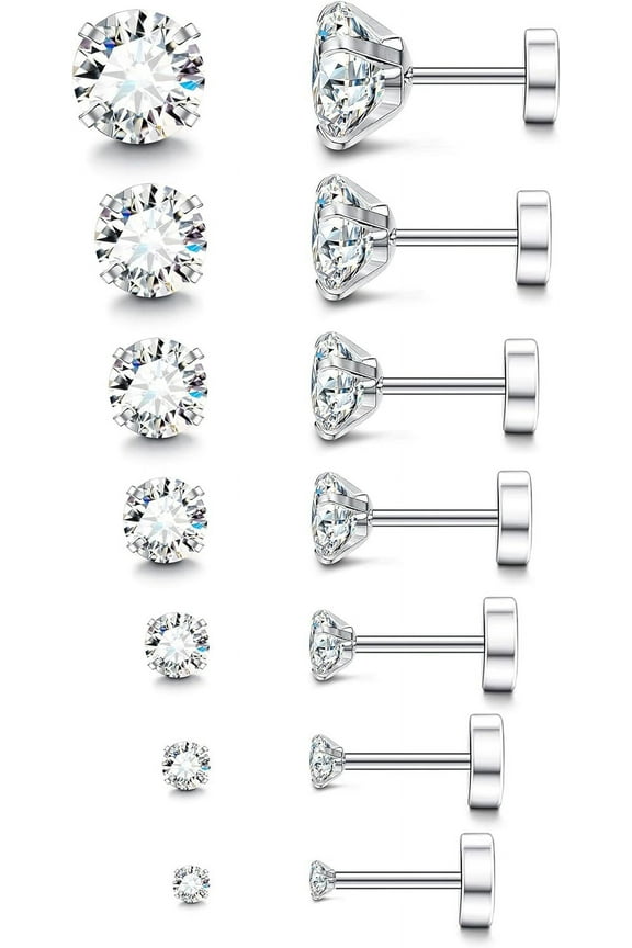 SHIHUALQ Stainless Steel Hypoallergenic Flat Back Earrings, Clear CZ, Fashion Jewelry, 7