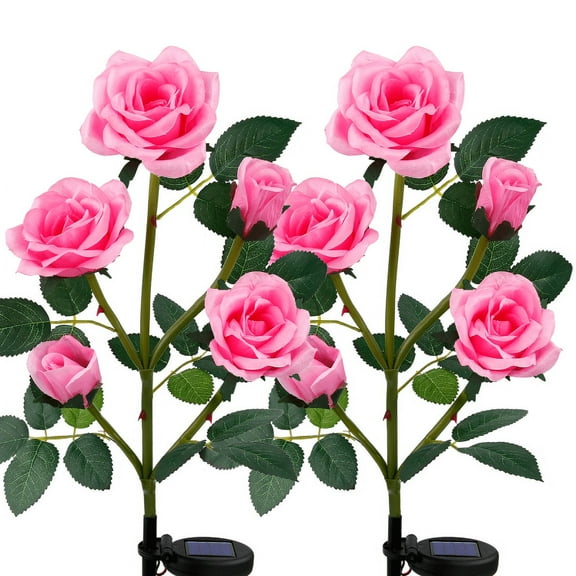 SHIKAN Solar Powered Rose Light, Decorative Flower Garden Lights Waterproof, Christmas Landscaping for Patio Decor, Floral Outdoor Stake Lights, Pathway Lights for Lawn Backyard Walkway, 2 Pack Pink