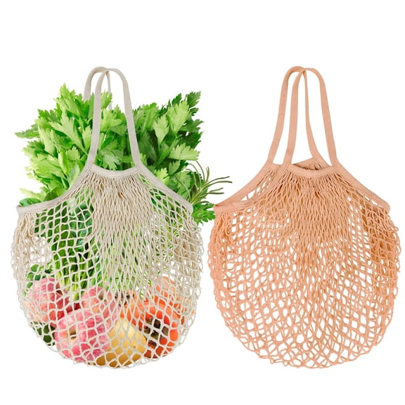SHILINLANG 2-Pack Reusable Mesh Grocery Bags, 100% Cotton String, Long Handle Produce Bags, Fruit & Veggie Storage