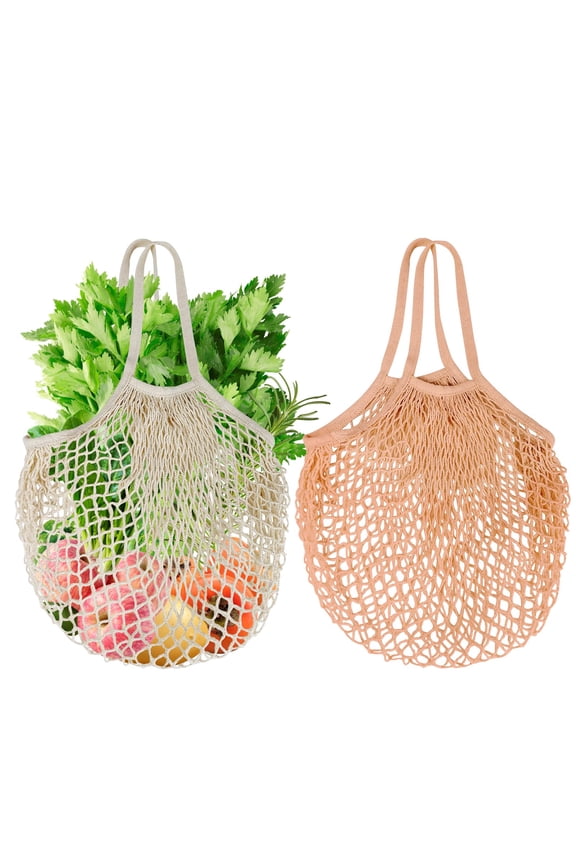 2-Pack Reusable Mesh Grocery Bags, 100% Cotton String, Long Handle Produce Bags, Fruit & Veggie Storage