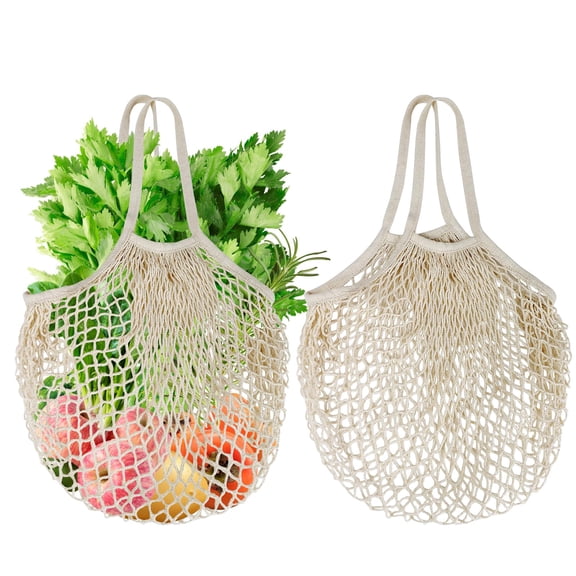 SHILINLANG 2-Pack Reusable Mesh Grocery Bags, 100% Cotton String, Long Handle Produce Bags, Fruit & Veggie Storage
