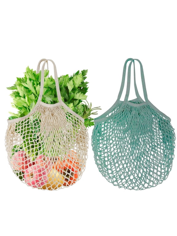 2-Pack Reusable Mesh Grocery Bags, 100% Cotton String, Long Handle Produce Bags, Fruit & Veggie Storage