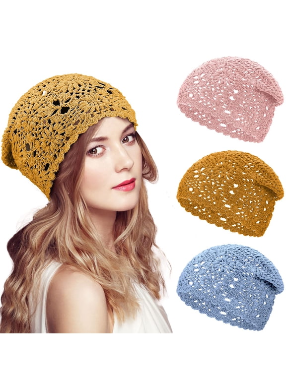 4 Pcs Women Crochet Slouchy Beanie Hat 2026 Summer Fall Handmade Knit Floral Polyester Cutout Hats Thin Knitted hat