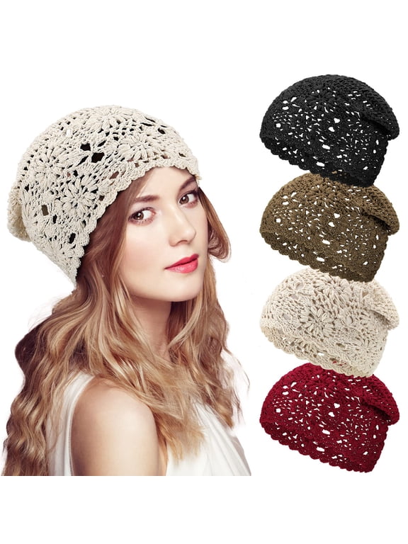 4 Pcs Women Crochet Slouchy Beanie Hat 2026 Summer Fall Handmade Knit Floral Polyester Cutout Hats Thin Knitted
