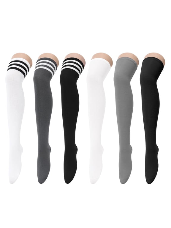 6-Pack Striped Thigh High Socks for Women Cotton Thigh Highs | Knee High Stockings:Breathable,Soft,Durable,Stretchy,Versatile,Flattering,for Casual,Cheerleader,Cosplay,Party,Sports,Femboy