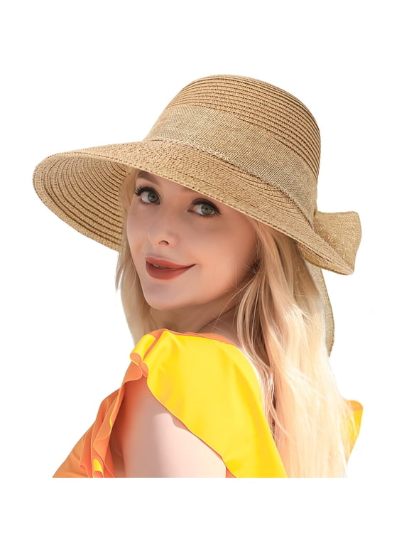 Beach Sun Straw Hats for Women, UPF 50+ UV Sun Protection Wide Brim Summer Straw Hat Foldable Packable Roll up Cap