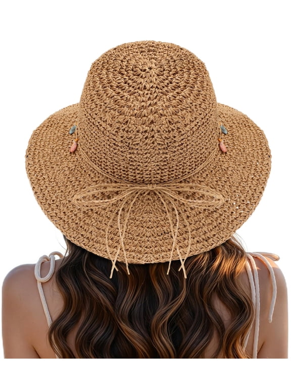 Beach Sun Straw Hats for Women, Wide Brim Womens Sun Hat UPF UV Protection, Foldable Packable Summer Hats Roll Up