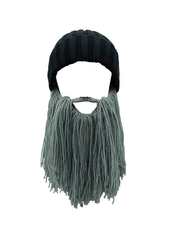 Creative Barbarian Knit Beard Hat Viking Hat with Horns Funny Barbarian Vagabond Beard Beanie Hats for Men Winter Knitted Wig Beanie Hats