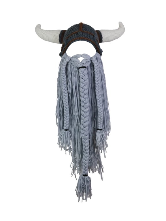 Creative Barbarian Knit Beard Hat Viking Hat with Horns Funny Barbarian Vagabond Beard Beanie Hats for Men Winter Knitted Wig Beanie Hats