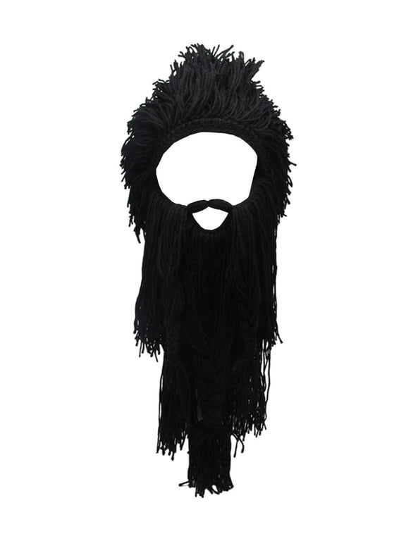 Creative Barbarian Knit Beard Hat Viking Hat with Horns Funny Barbarian Vagabond Beard Beanie Hats for Men Winter Knitted Wig Beanie Hats