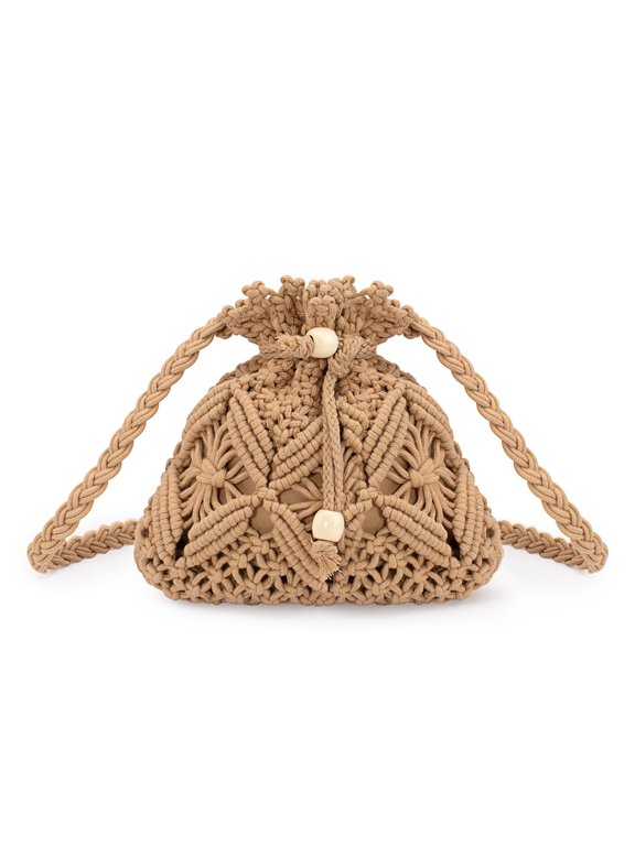 Drawstring Crochet Bag Purse- Woven Crossbody Purse For Women Summer Beach Vacation Travel Boho Shoulder Bag Small
