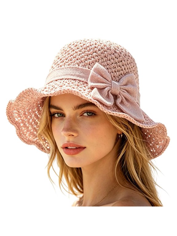 Elegant Woven Straw Sun Hat with Bow, 2026 Womens Straw Bucket Foldable Floppy Beach for Beach Vacation City Travel