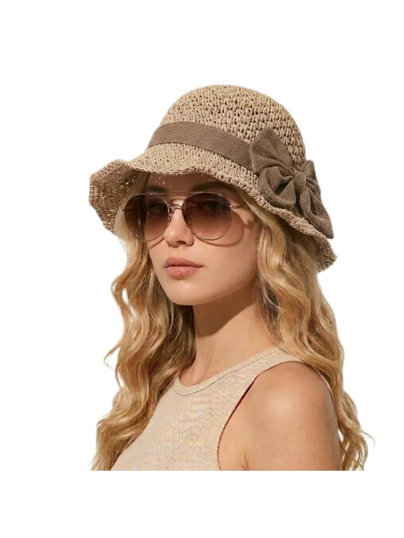 Elegant Woven Straw Sun Hat with Bow Summer Beach Sun Straw Hats for Women Wide Brim Packable Travel Bucket Hats