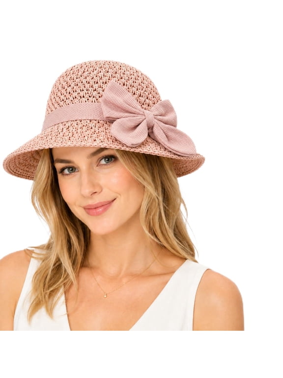 Straw Sun Hat for Women, Foldable Wide Brim Straw Bucket Hats with Adjustable Drawstring & Bow