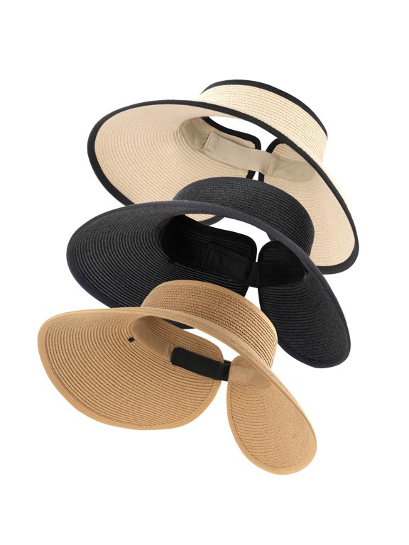 Straw Sun Visor Hats for Women UPF 80+ Wide Brim Pontytail Summer Beach Hats