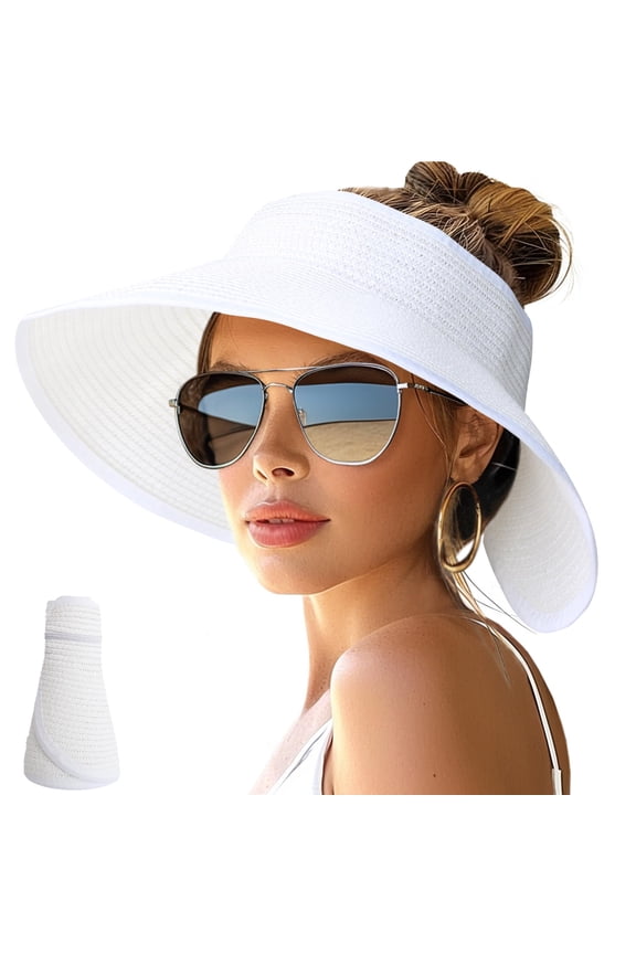 Sun Hats for Women Wide Brim Roll-Up Beach Ponytail Hat Packable Foldable Travel Straw Visor