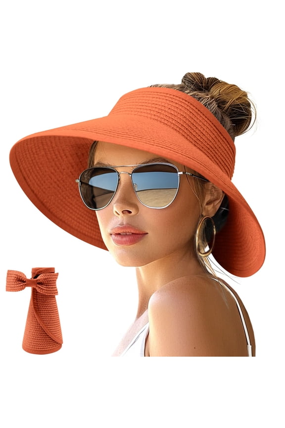 Sun Hats for Women Wide Brim Roll-Up Beach Ponytail Hat Packable Foldable Travel Straw Visor