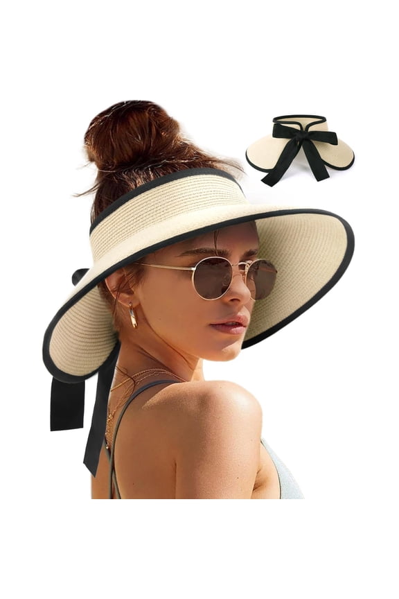 Sun Visors for Women Wide Brim Beach Hat Foldable Straw Visor Hat Ponytail Summer Packable UPF 50+