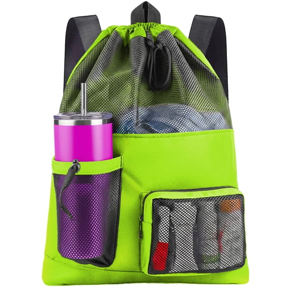 SHILINLANG Swim Mesh Beach Bag, Waterproof Gym Bags for Women and Men, Large Pool Bag Swimming Gear Drawstring Backpack