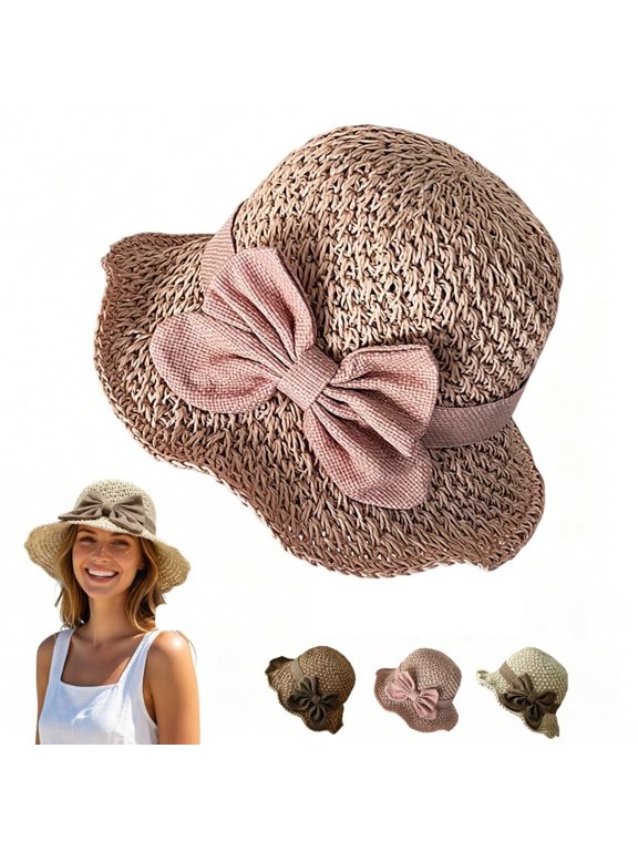 Versatile Retro Woven Handmade Straw Hat with Ruffled Bow, 2026 Foldable Sun Hat for Beach Vacation City Travel