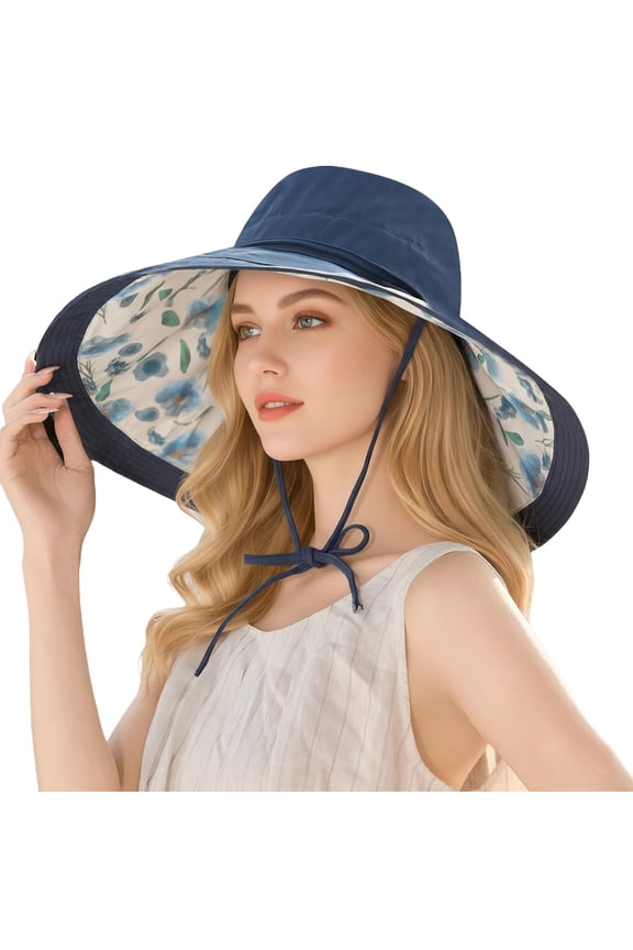Wide Brim Sun Hat for Women Reversible Beach Hats Metal Wired Edge Gardening Hats, UPF 50+ Bucket Summer Hat