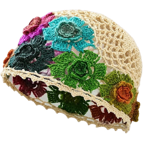 SHILINLANG Women Crochet Beanie Cotton Crochet Flower Hat Handmade Boho Knit Summer Skull Cap (Flower Color Random) Multi