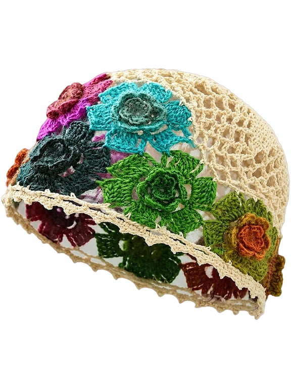 Women Crochet Beanie Cotton Crochet Flower Hat Handmade Boho Knit Summer Skull Cap (Flower Color Random) Multi