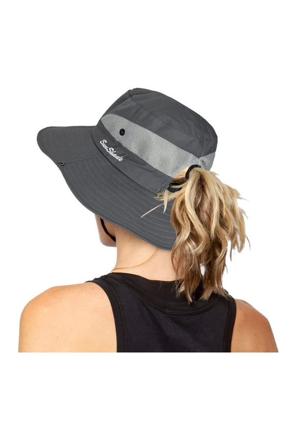 Women's Outdoor UV-Protection-Foldable Sun-Hats Mesh Wide-Brim Beach Fishing Hat with Ponytail-Hole ﻿