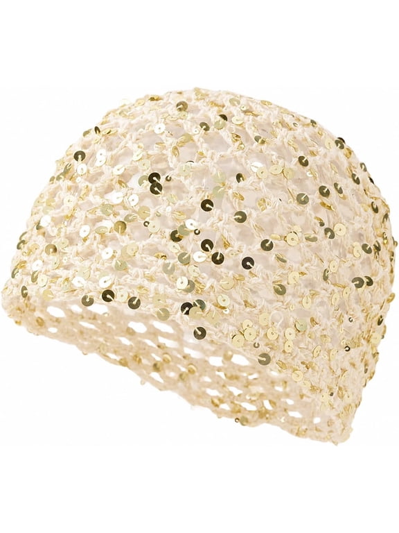 Women’s Sequin Crochet Hat Summer Beanie Handmade Bohot Skull Cap Sparkly Knit Hat for Party Travel Daily Wear