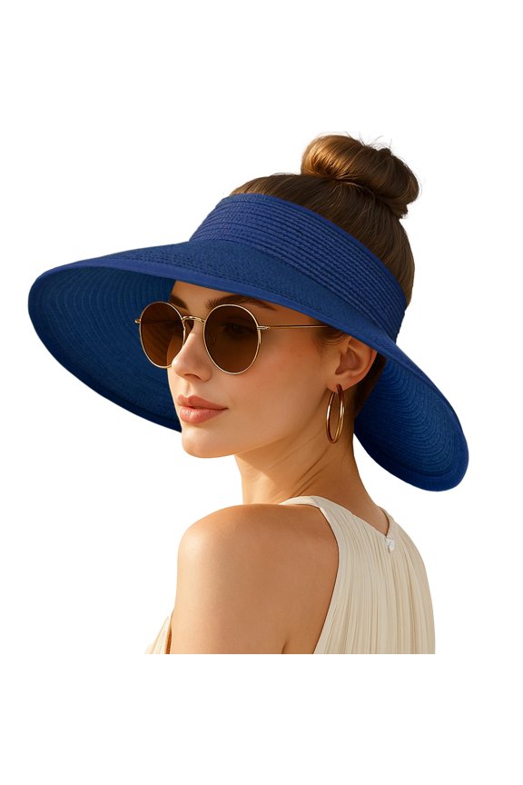 Women's Sun Visor Hats Wide Brim Straw Beach Hat Ponytail Hats for Women Foldable Floppy