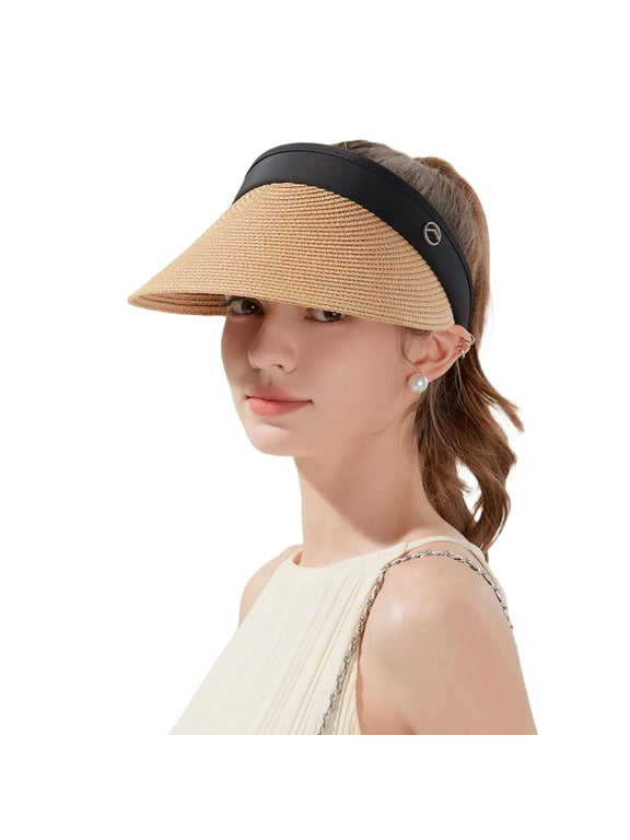Women's Sun Visor Hats Wide Brim Straw Beach Hat Ponytail Hats for Women Foldable Floppy